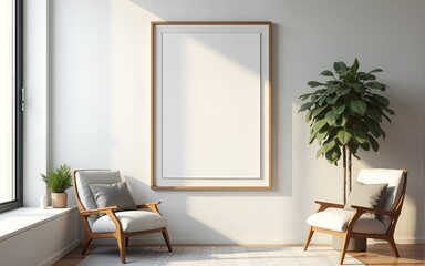 Frame mockup, ISO A paper size. Living room wall poster mockup. Interior mockup with house background. Modern interior design. 3D render. High quality