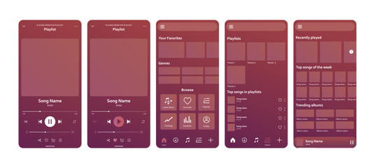 Music player application user interface mockup template with buttons. Modern mobile phone streaming app colorful UI layout vector illustration