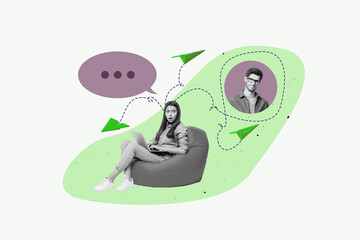 Creative full art collage of happy girl guy stand communication icon dialogue conversation speech...