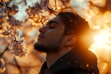 Handsome mixed-race young man inhaling the aromatic of cherry blossoms. Golden hour in sunset, spring mood conceptual art. Spring-inspired man with pink flowers. Peaceful man in blooming garden.