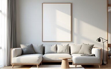 Single vertical ISO A3 frame mockup, reflective glass, mockup poster on the wall of living room. Interior mockup. Apartment background. Modern interior design. 3D render. High quality