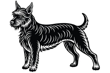 A happy black beagle stands proudly amidst grass and stylized foliage inside an oval