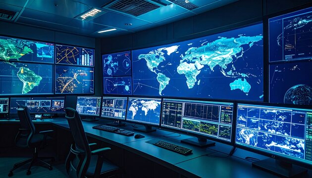 Computer room with a large monitor displaying a world map. - Powered by Adobe