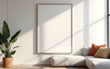 Poster mockup in a modern living room interior. Frame mockup with ISO A paper size. 3D illustration. High quality