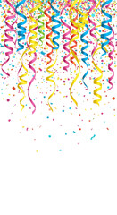 Vibrant Festive Border of Falling Colorful Confetti and Curling Serpentine Ribbons