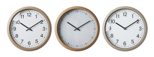 Round clock PNG. Wall mounted round analog clocks set for office or home decor isolated on a transparent background
