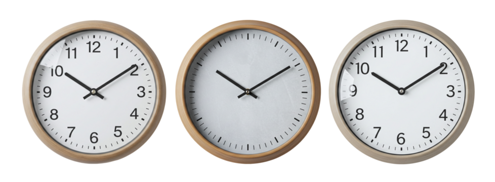 Round clock PNG. Wall mounted round analog clocks set for office or home decor isolated on a transparent background
