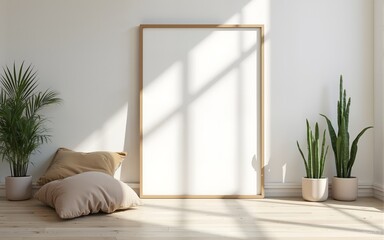 Frame mockup, ISO A paper size. Living room wall poster mockup. Interior mockup with house background. Modern interior design. 3D render. High quality