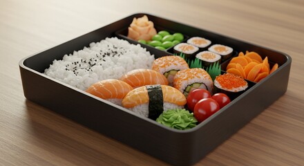 Delightful Japanese Bento Box: A vibrant array of sushi, rice, and fresh vegetables awaits, perfectly portioned for a satisfying and healthy meal.