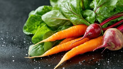 This vibrant image displays a collection of fresh vegetables including carrots and beets against a black backdrop, showcasing their colors and promoting healthy eating.
