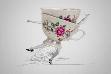 Poster image full 3d photo collage of anonym girl instead body coffee cup drink herbal tea beverage...