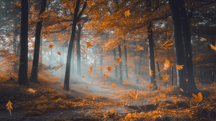 Fototapeta premium Abstract autumn scene with glowing light through trees and floating golden leaves, Autumn in the forest