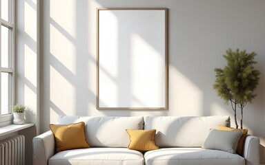 mock up poster frame in modern interior background, living room, Contemporary style, 3D render, 3D illustration. High quality