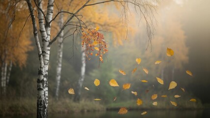 Abstract autumn scene with glowing light through trees and floating golden leaves, Autumn in the forest
