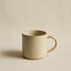 A simple, speckled ceramic mug, perfect for enjoying a warm beverage. The mug's clean design and earthy tones create a sense of calm and simplicity.