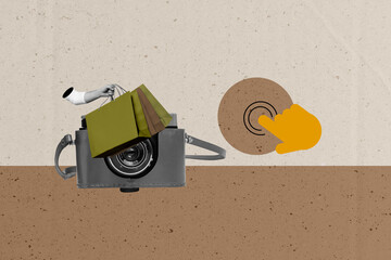 Creative collage of hand hold shopping bags with finger click on brown background