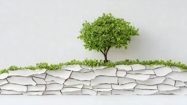 Environmental conservation, eco friendly and sustainable concept. A small, leafy tree stands on a stylized cracked white surface with green plants along the top edge.