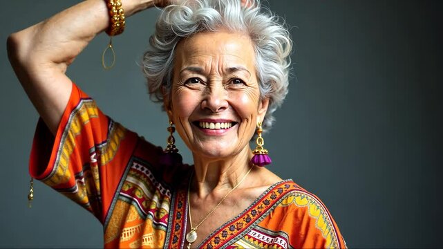 A woman with gray hair, dressed in vibrant, patterned clothing, standing confidently with her arm raised, scratches and ruffles her hair, soft lighting studio background.