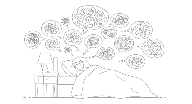 Flat outline vector of a person in bed wide awake surrounded by thought bubbles, representing insomnia caused by anxiety.