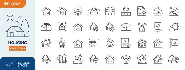 Housing line editable icon set. Contain icons related to housing, house, real estate, home, and more. Editable stroke. Vector illustration