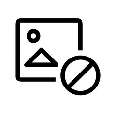 Black and white icon of a photo with a prohibition sign overlay, symbolizing restricted media access, blocked images, or content denial.
