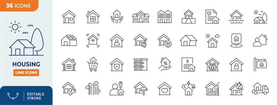 Housing line editable icon set. Contain icons related to housing, house, real estate, home, and more. Editable stroke. Vector illustration