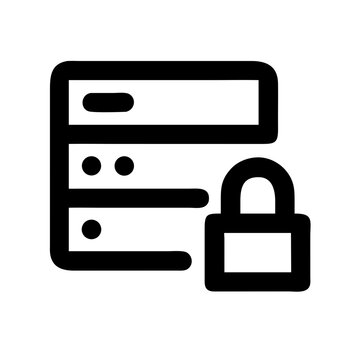Black and white icon of a server with a padlock, symbolizing secure server access, protected data, and cybersecurity in hosting environments.
