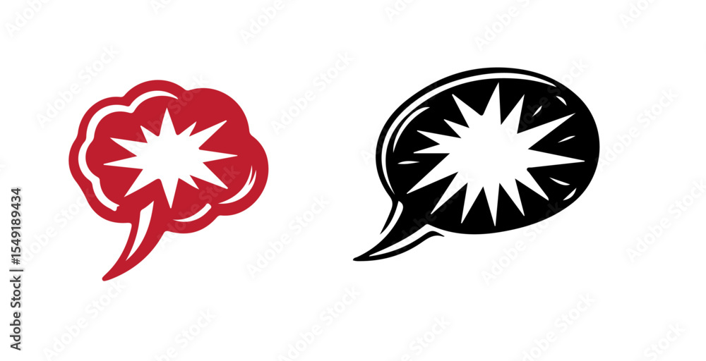 Poster two speech bubbles one red and one black both with starbursts inside on a white background vector de