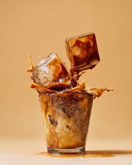 Close-up of caramel iced latte in a transparent cup showcasing swirling coffee texture blending with creamy milk, condensation droplets on the glass surface, commercial product photography