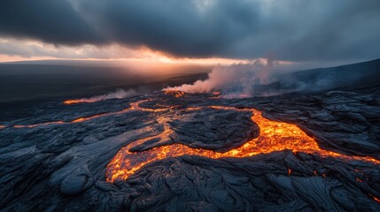 Fototapeta premium A breathtaking view of a volcanic lava flow illuminated by the fiery colors of the sunset, showcasing nature's raw power and beauty in a stunning landscape.