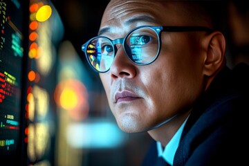 Visual idea of it. It support specialist looks very focused at the screen in dark it infrastructure. Expert asian adult man in a formal attire, data visualization reflections in his glasses.