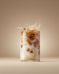 Close-up of caramel iced latte in a transparent cup showcasing swirling coffee texture blending with creamy milk, condensation droplets on the glass surface, commercial product photography