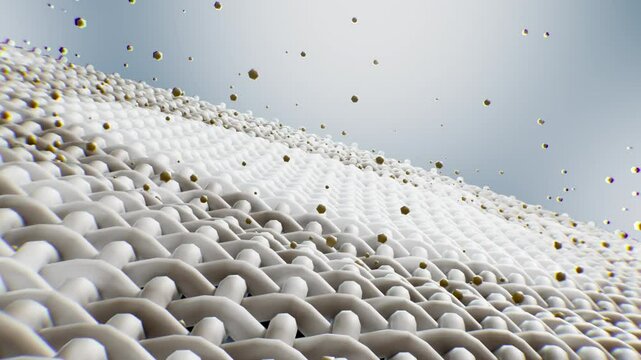 Macro view of a clean white cloth surface with small debris and particles being removed. 3D rendering emphasizes fabric texture and cleaning action.