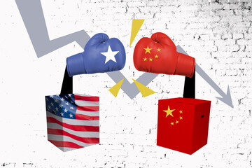 Poster trend sketch template 3D photo collage of two box flag usa chine boxing glove fight finance...