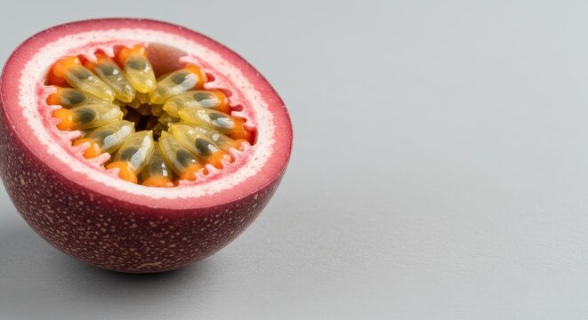 Freshly Cut Passion Fruit Displaying Vibrant Seeds and Rich Texture on Gray Background