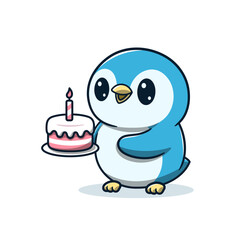 penguin carrying birthday cake cartoon