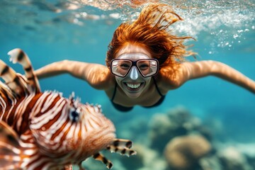 Encounter with deadly lionfish while snorkeling. Toxic lionfish and happy joy adult woman swims among the corals. Risky snorkeling challenge. Risky underwater swim. Hazardous ocean depths.