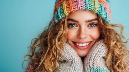 A joyful young woman wearing a colorful knitted hat and scarf smiles warmly, radiating positivity and warmth against a soft blue background, perfect for winter-themed imagery.