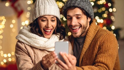 Joyful couple sharing a moment while looking at a smartphone in a cozy, festive indoor setting with holiday decorations