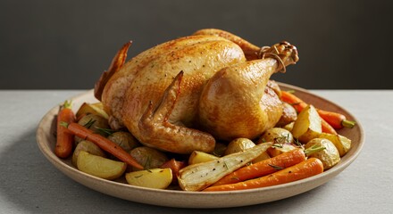 Golden-brown roasted chicken, perfectly complemented by roasted root vegetables, sits invitingly on a rustic platter, a heartwarming centerpiece for any festive meal.