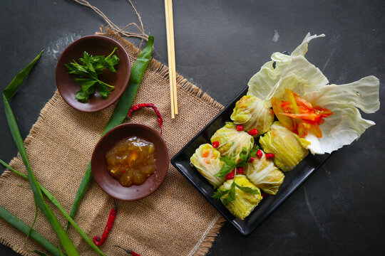 "cabbage rolls stuffed meat or kol gulung, kelem dolmasi, sarma Cabbage wraps, Chou farci, golubtsy, golabki. cooked cabbage leaves wrapped with meat, or beef. """