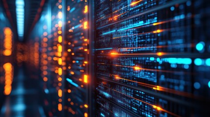 Data center server room glowing digital streams, background blur, technology concept