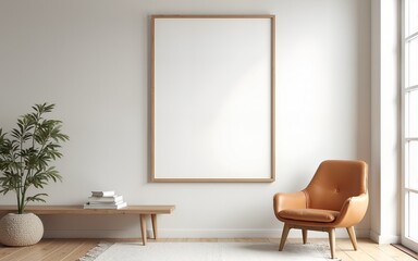 mock up poster frame in modern interior background, living room, Scandinavian style, 3D render, 3D illustration. High quality