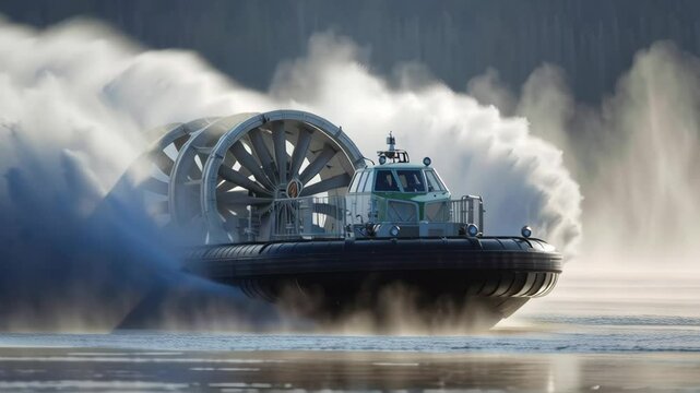 A dynamic shot of a hovercraft in motion with the propulsion fan operating at full power generating a visible plume of air and mist illustrating the force and efficiency of its design