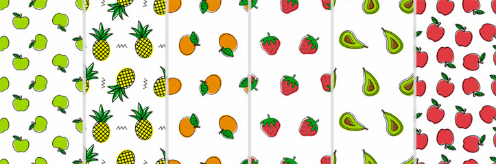 A collection of seamless fruit patterns featuring various colorful fruits including green apples, pineapples, oranges, strawberries, avocados, and red apples