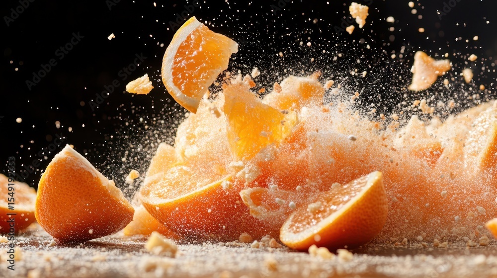 Poster bright oranges burst open in a dynamic explosion, capturing the freshness and energy of citrus fruit