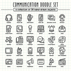 Communication hand-drawn doodle art illustrations and elements. felt-tip pen marker style on grid paper, great for various creative design uses.