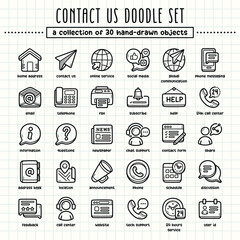 Contact us hand-drawn doodle art illustrations and elements. felt-tip pen marker style on grid paper, great for various creative design uses.