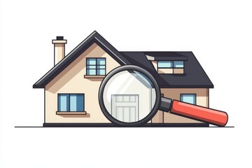 Simple residential house icon combined with a magnifying glass symbolizing real estate search and home inspection