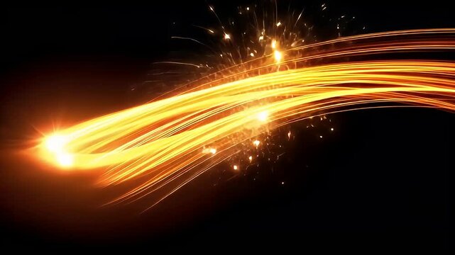 Abstract Golden Glowing Light Trails Against Black Background with Lens Flare and Particle Effects